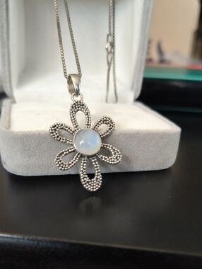 Sterling Silver Flower Pendant Necklace with Rainbow Moonstone Center
